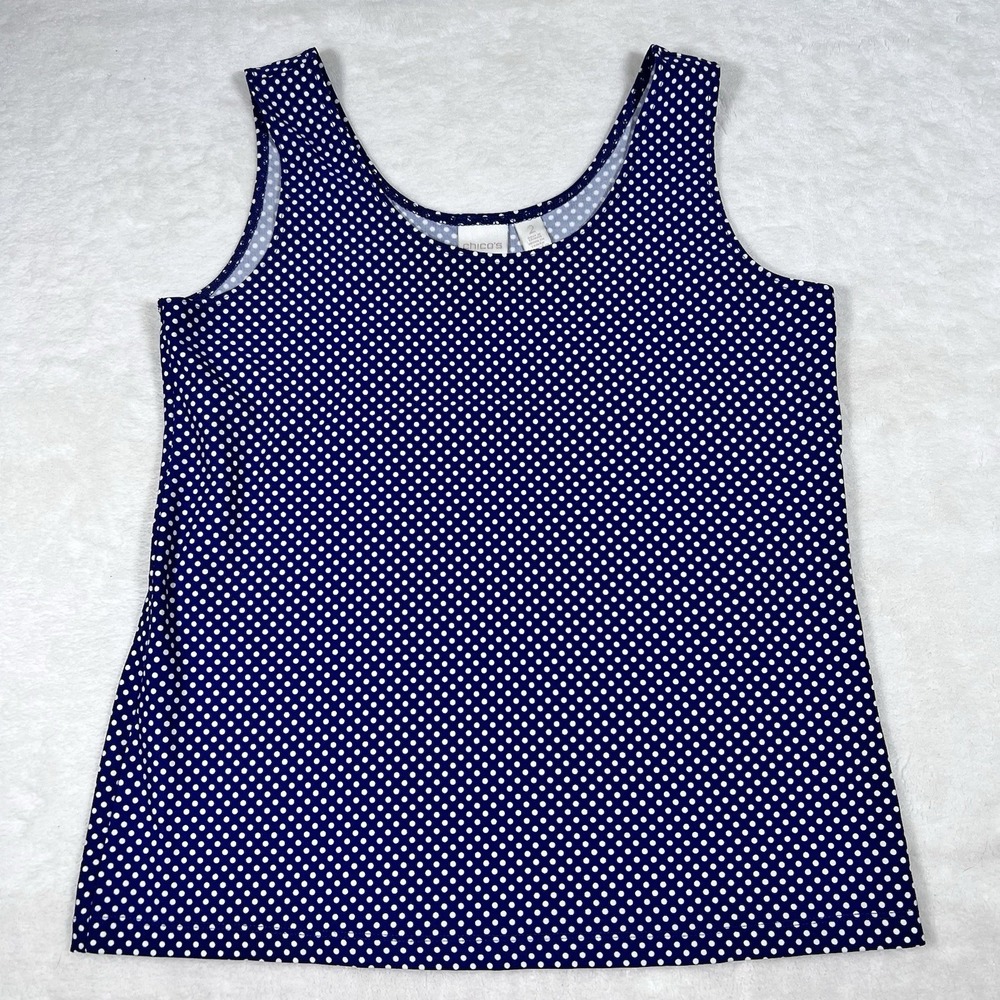 CHICO'S Sz 2=12/14 Large Tank Top Shirt Blouse Blue White Polka Dots Nylon